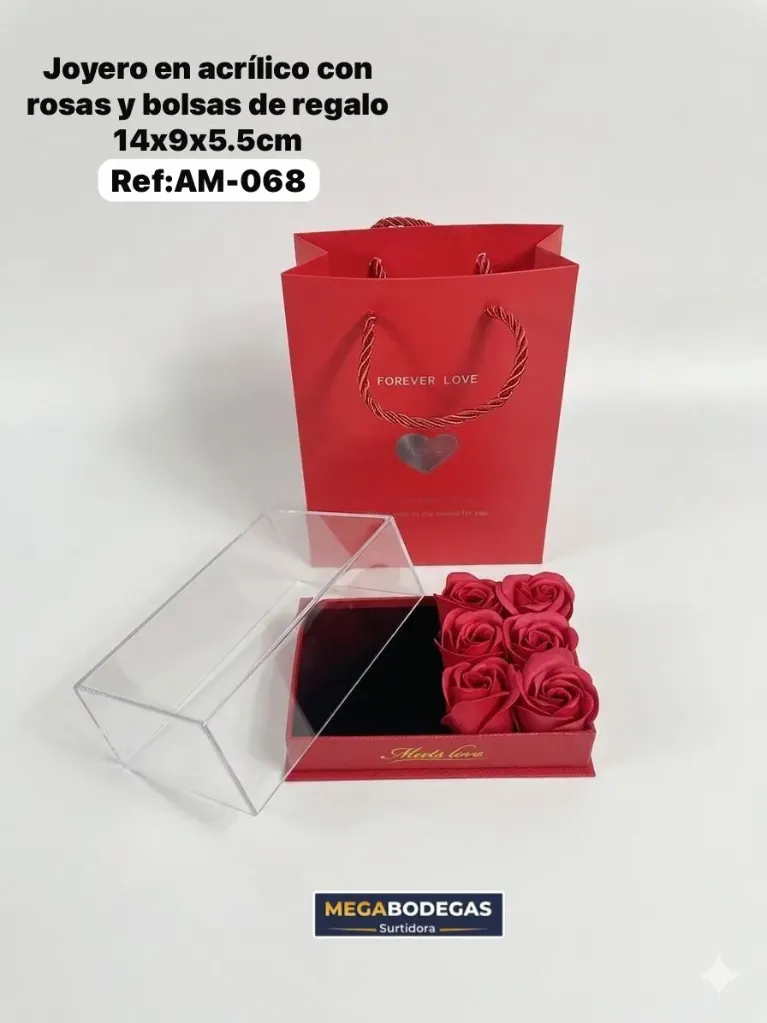 JOYERO EN ACRILICO CON ROSAS Y BOLSA DE REGALO 14X9X5.5 A CM
